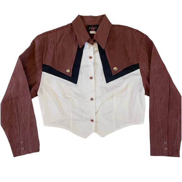 Vintage Wildfire Rust Red & White Buttondown Crop Cowgirl Western Top Blouse - Picture 3 of 11